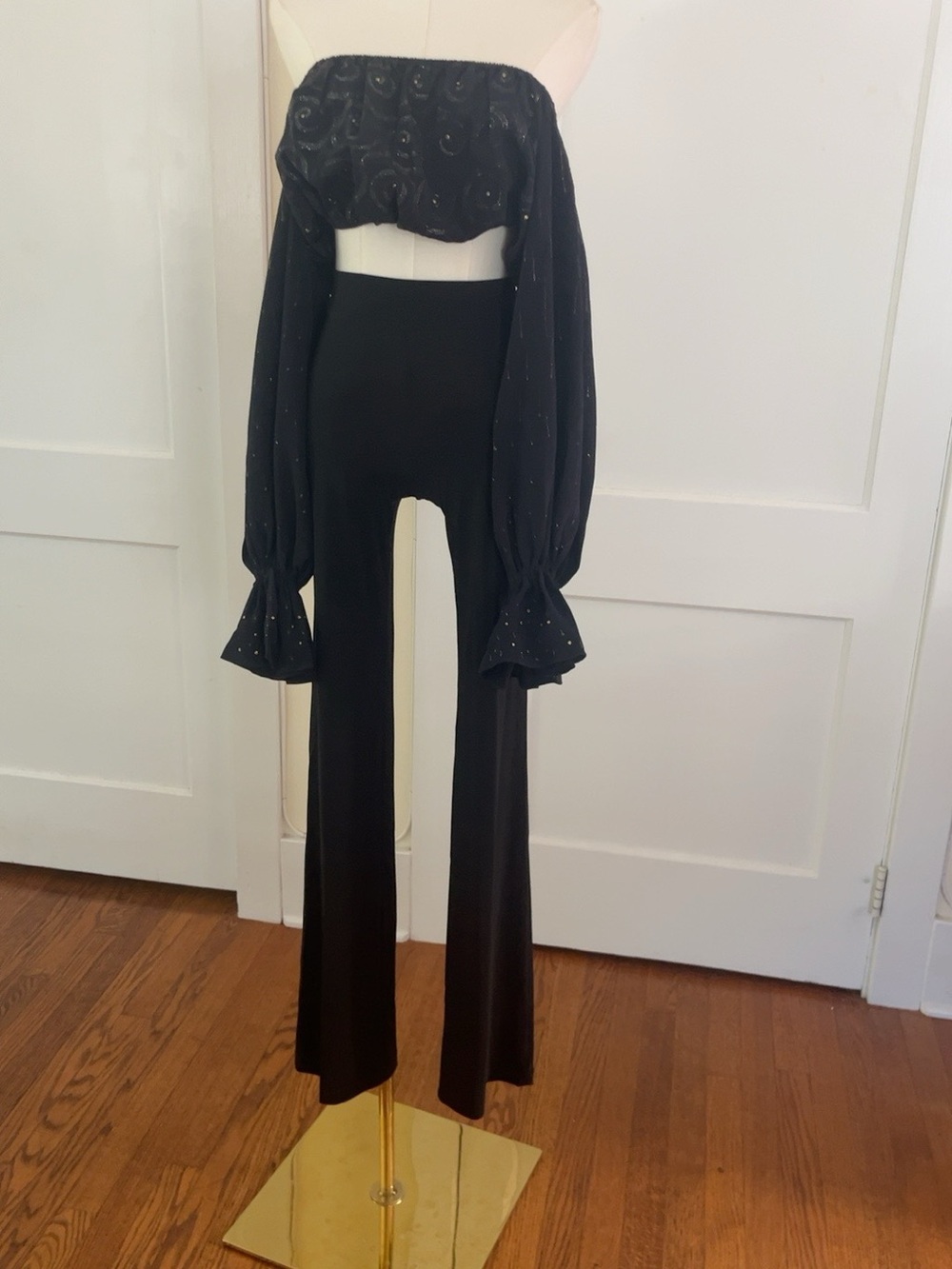 Maria Snyder Gold Swirl Crop Top & Black Flared Pants—After-Dark Drama